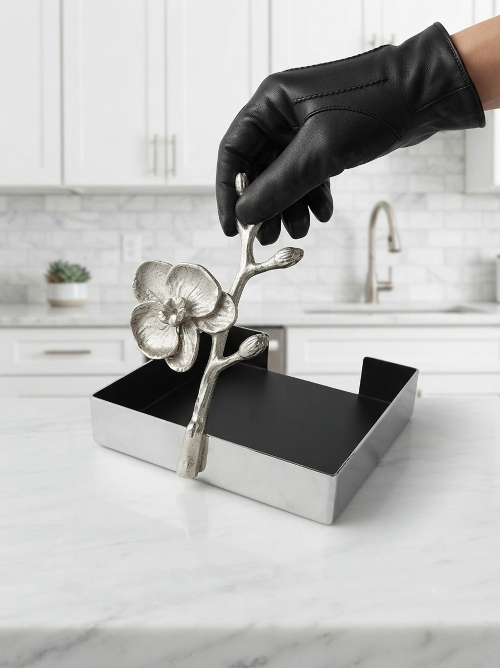 Michael Aram Luxury Cocktail Napkin Holder Tray Silver Orchid